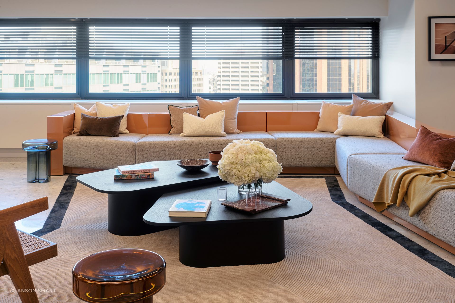 The huge peach coach in the reception space is the perfect place for company meetings and for visitors to wait to enter the offices.