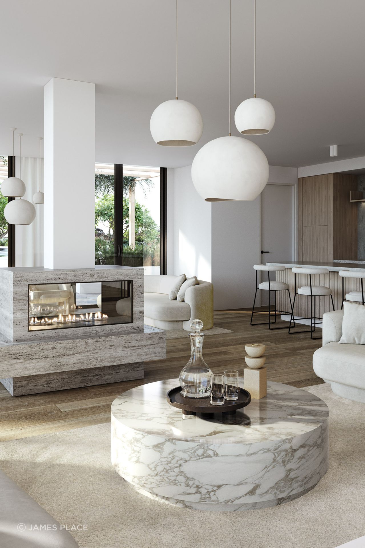 A communal lounge at Perle incorporates a Decoflame fireplace, giving the shared space a rather domestic quality.