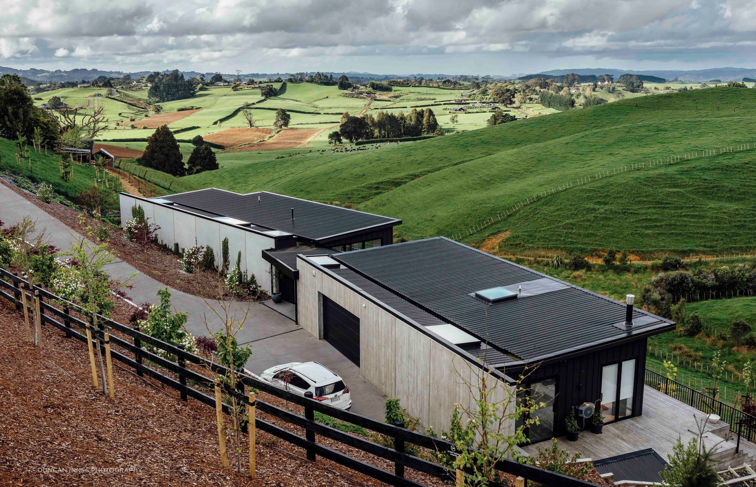 The robust concrete spine allows the house to open out to the rural views. The hard part of any build, says Brendon, is in the last few days when the clients are itching to move in before it’s quite finished.
