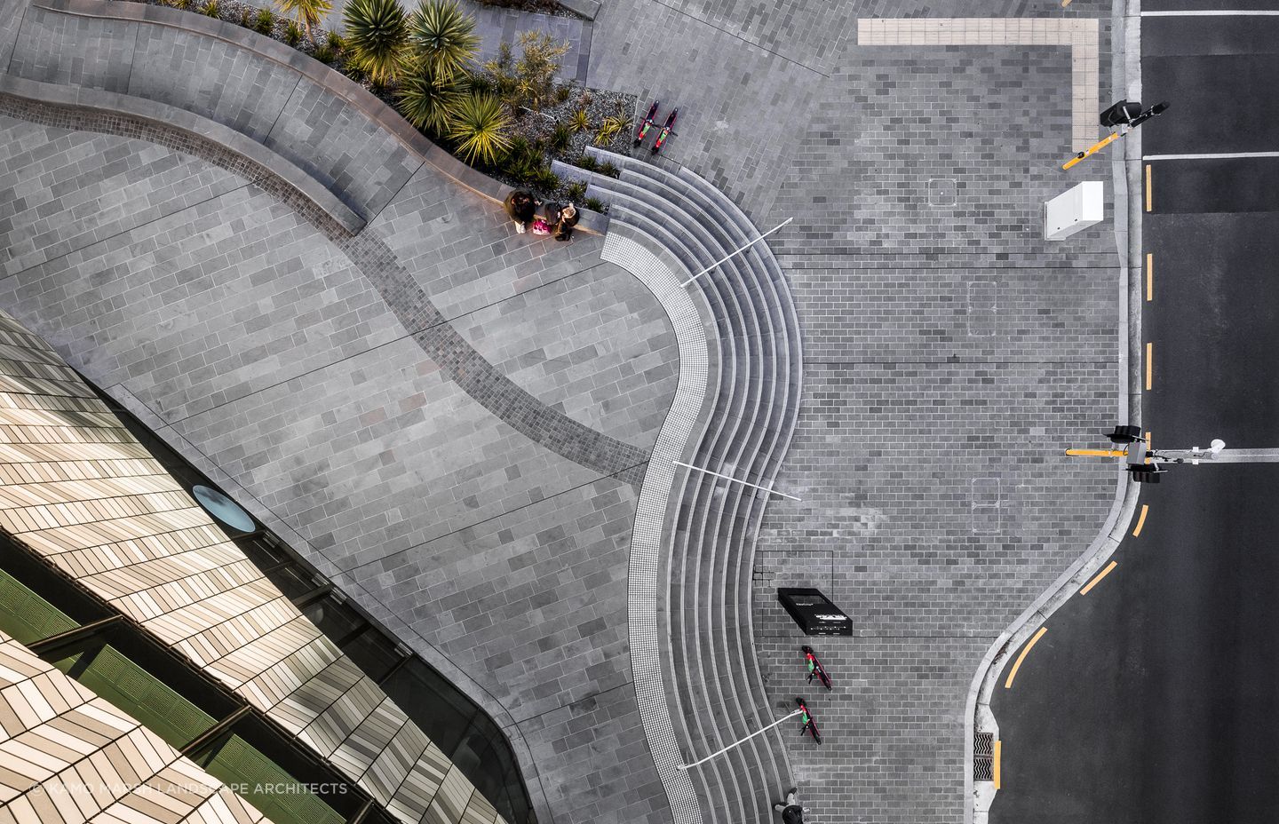 The 'Aka' paving band winds from the northwestern corner of the site to the southeastern corner, referencing one's ever connecting whakapapa.