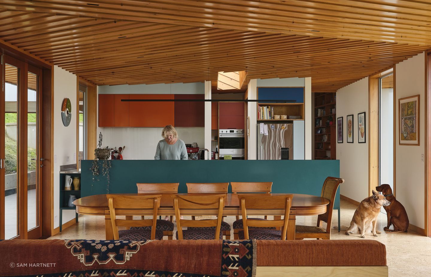 The warmth of the kauri battens and cork floor is complemented by the bursts of colour in the kitchen.