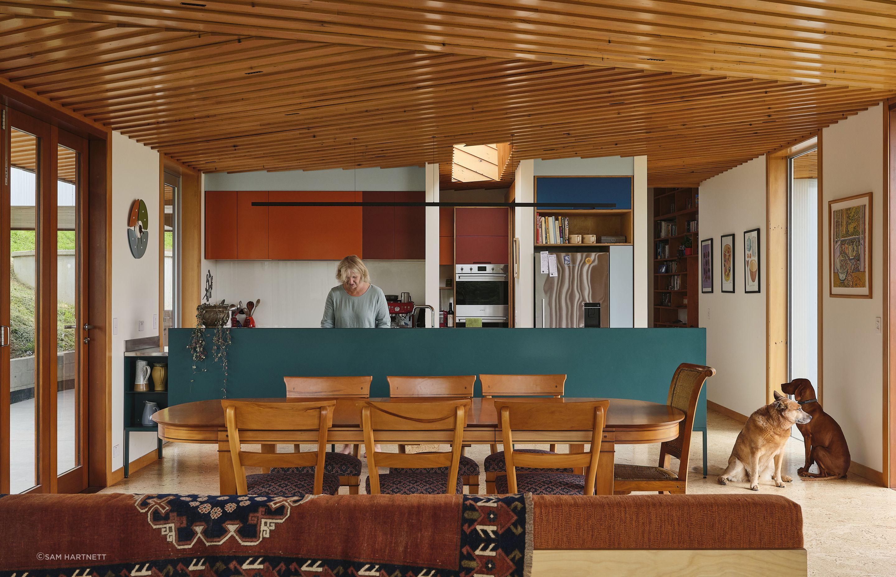The warmth of the kauri battens and cork floor is complemented by the bursts of colour in the kitchen.