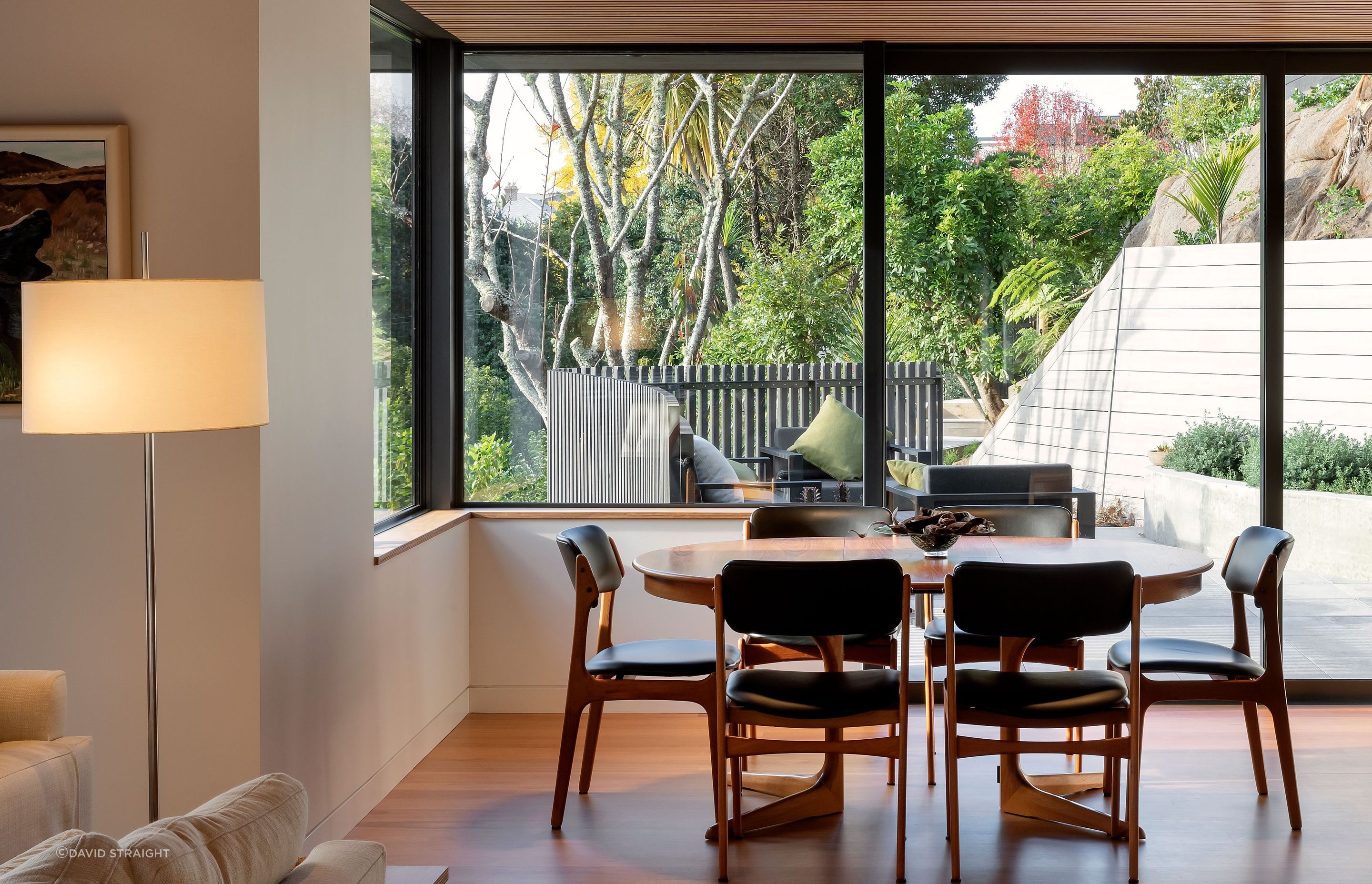 The dining area opens to the morning terrace. Hamish took care to proportion the main living space so it didn’t feel uncomfortably large. “We were wanting to define the various areas really well, and create connections with view lines to the outside.”