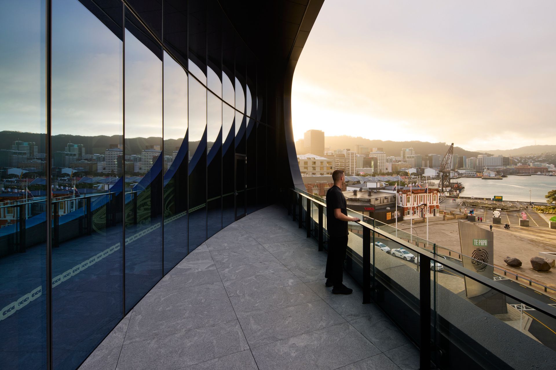 The expansive outlook from an elevated terrace across Wellington's waterfront.