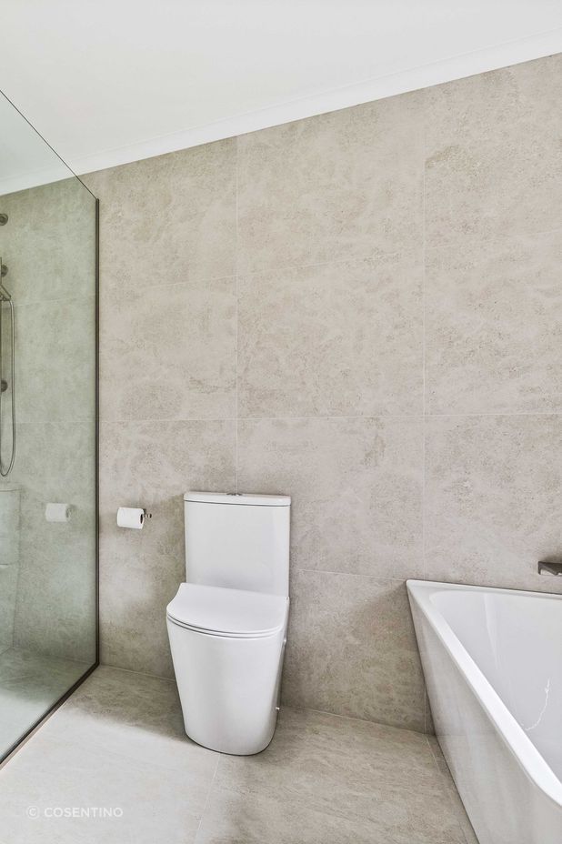 "Dekton Morpheus, with its velvet finish, proved to be the perfect choice for this family bathroom."