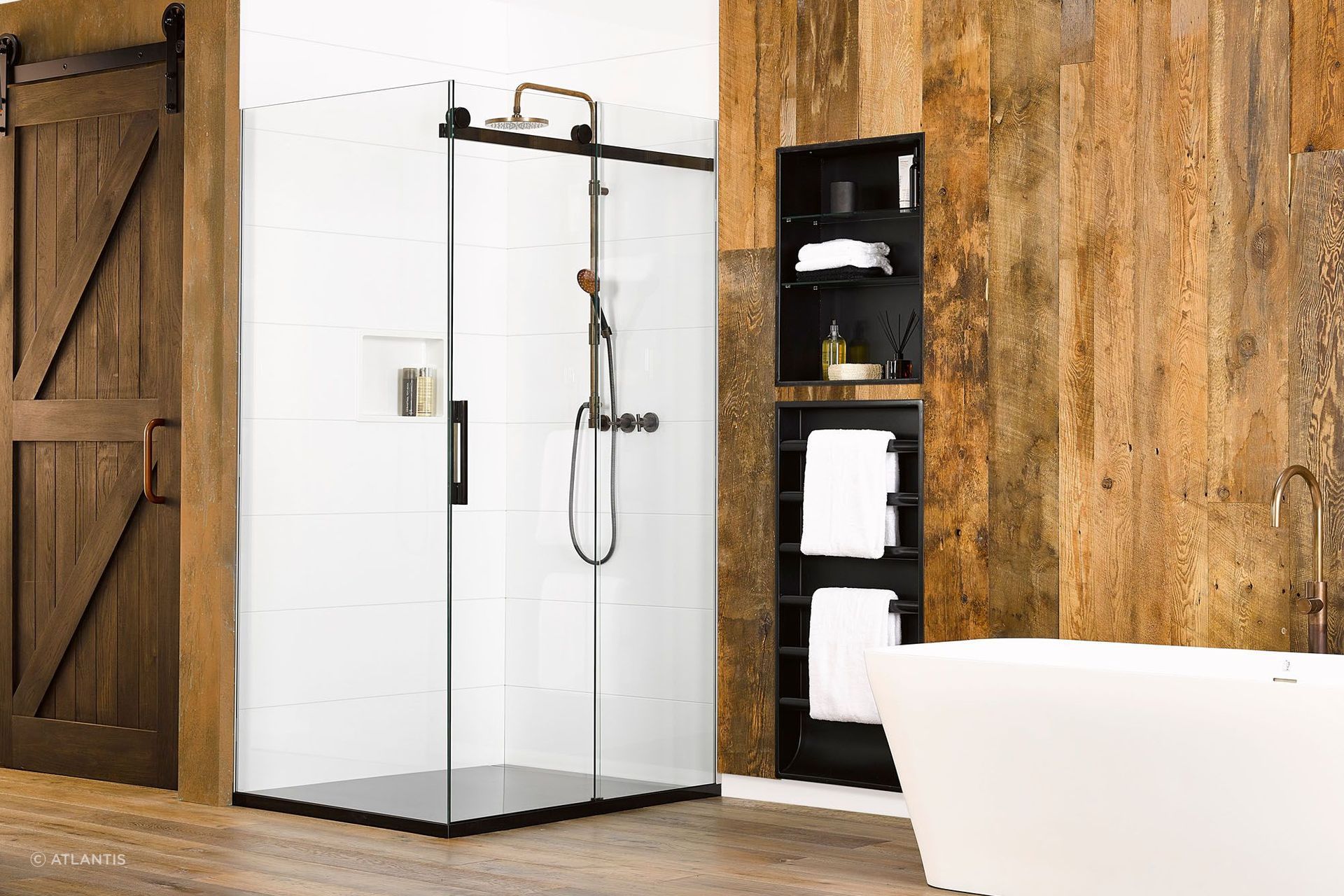 Shower and bath, side by side, featuring the The Ebony & Ivory Renaissance Collection