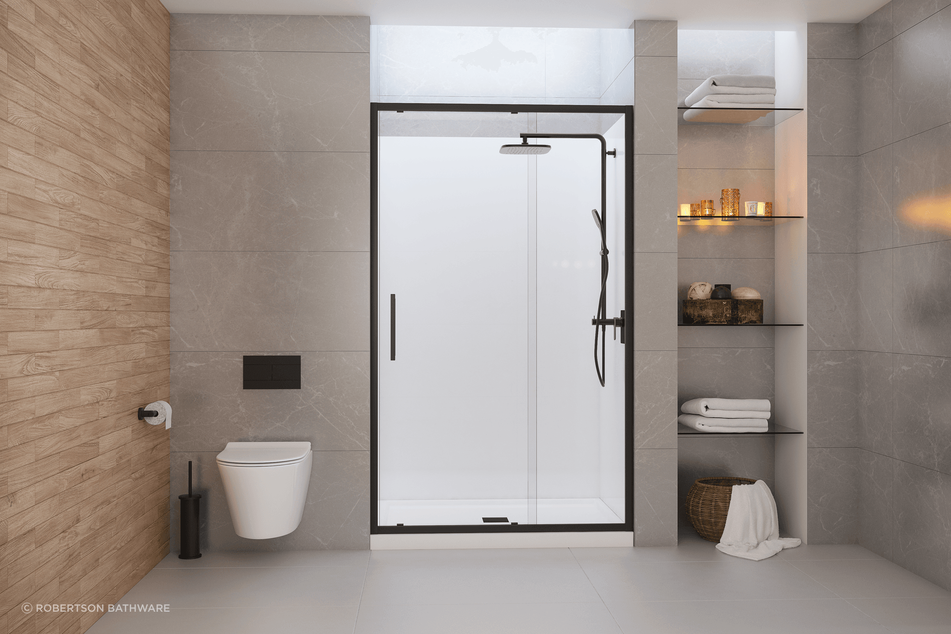 The European minimalist design of Evolve features a smooth flat profile tray, integrated square waste and premium fittings for a luxurious shower experience
