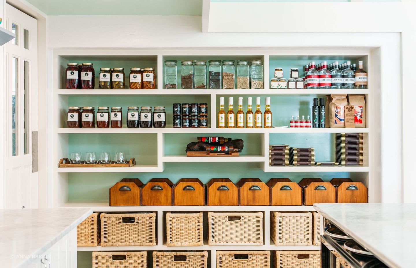 The scullery adjacent to the breakfast room and kitchen. Wharekauhau produces and sells its own honey, marmalade, gin and more.