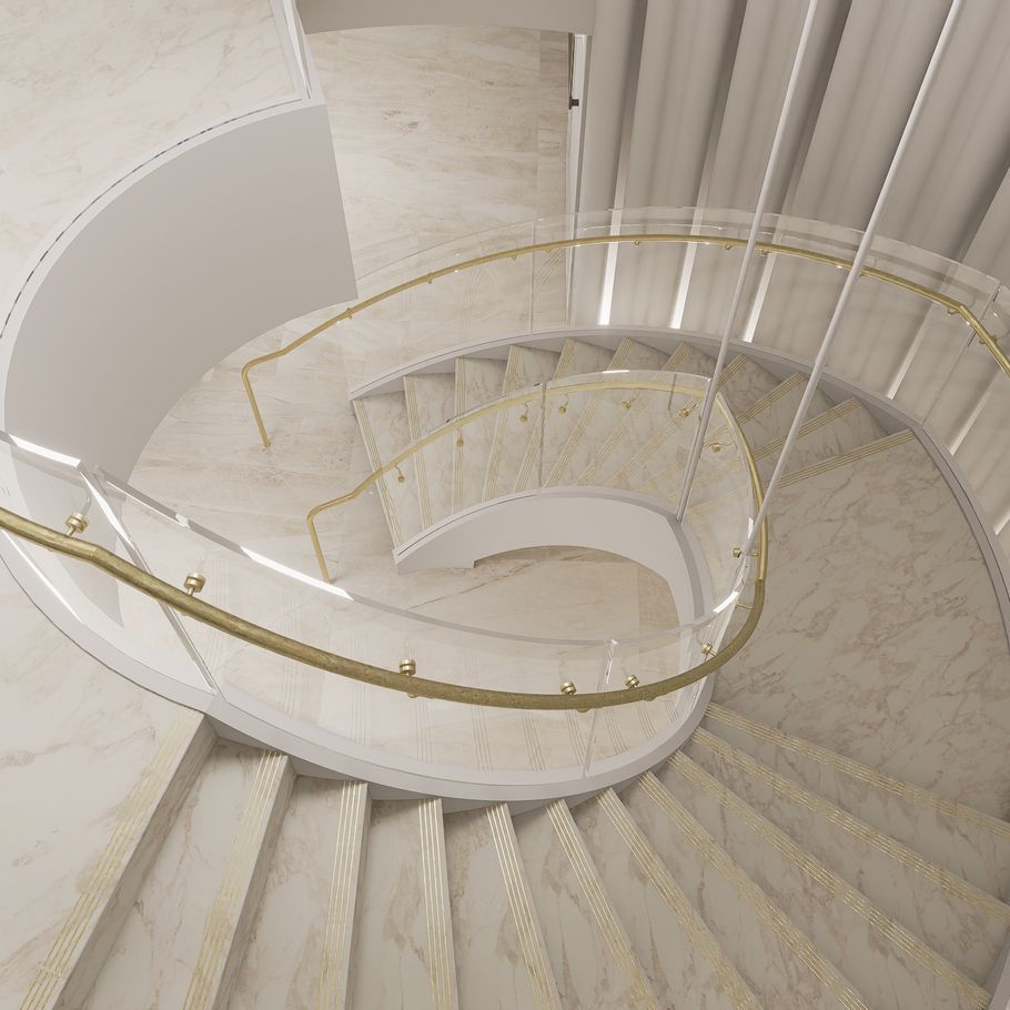 A gorgeous spiral staircase with a bent glass balustrade shines in luxury French fashion house fit-out