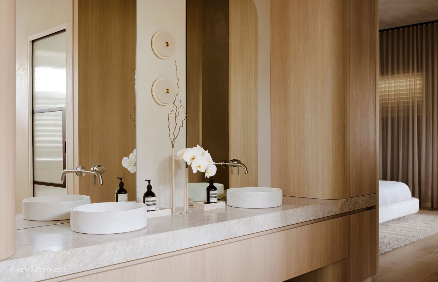 Ammos, Adelaide: Floor-to-ceiling Navurban in The Oaks curves the surfaces of this master suite and ensuite thanks to this creative trio: Architect Hong Henwood, Interior Designer Karen Leech and IJF Living joinery.