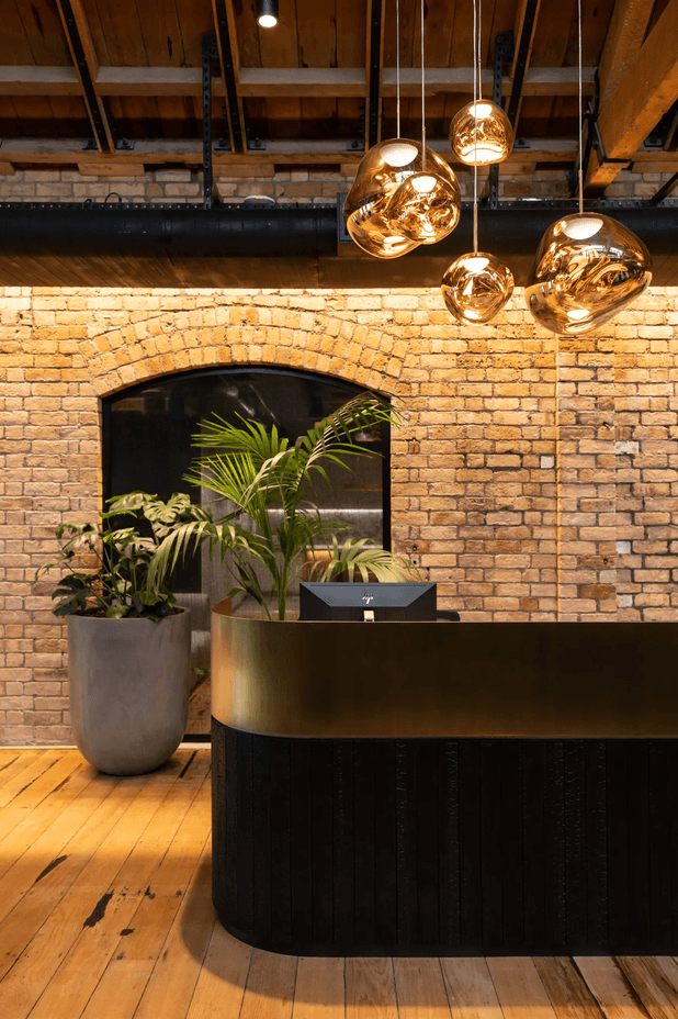 View of the reception area after stepping out of the lift.