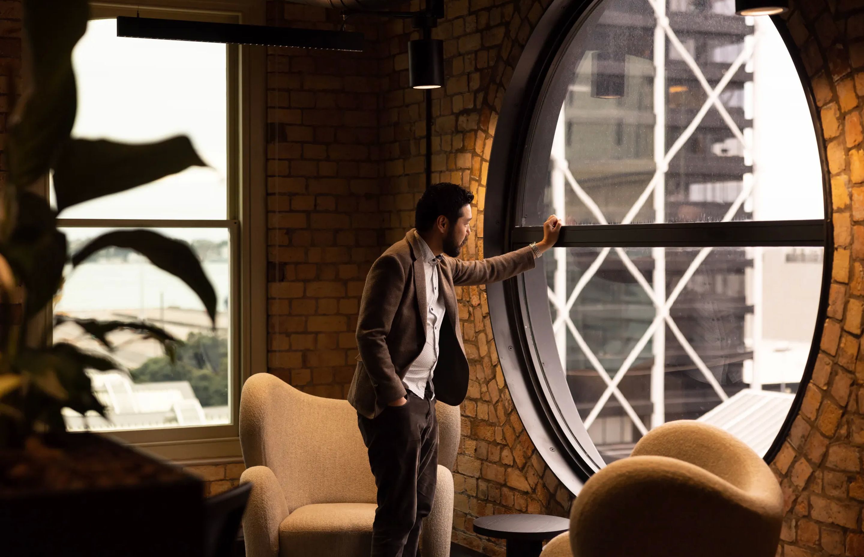 The circular window looking east, next to which sits a small reading space.