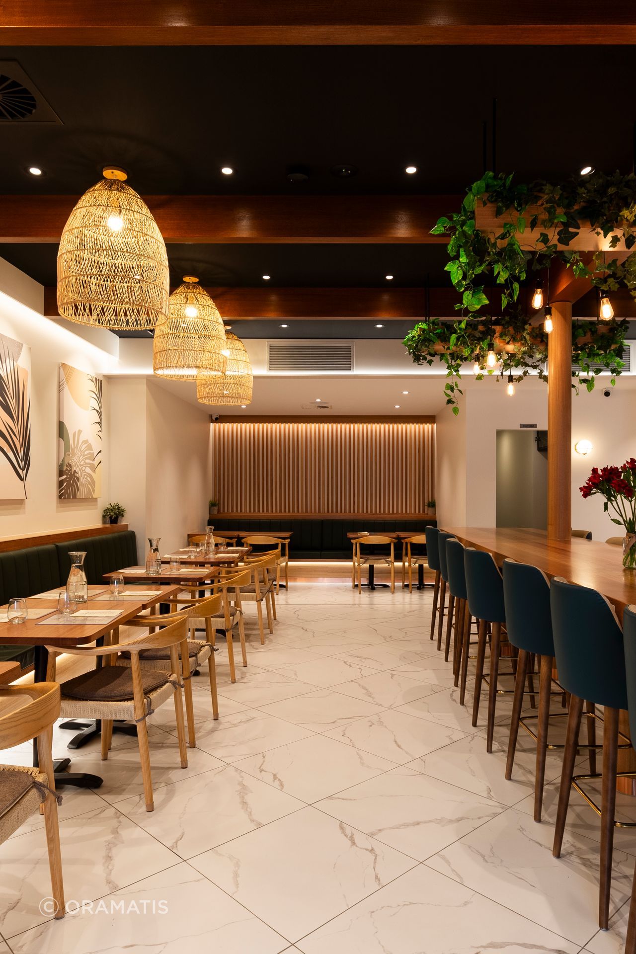 The open-plan dining area includes a variety of different seating styles to give patrons options.