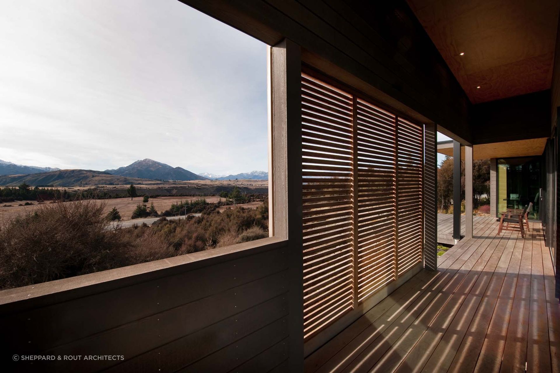 A beautiful verandah with timber screens to provide shelter from the intense Central Otago sun.