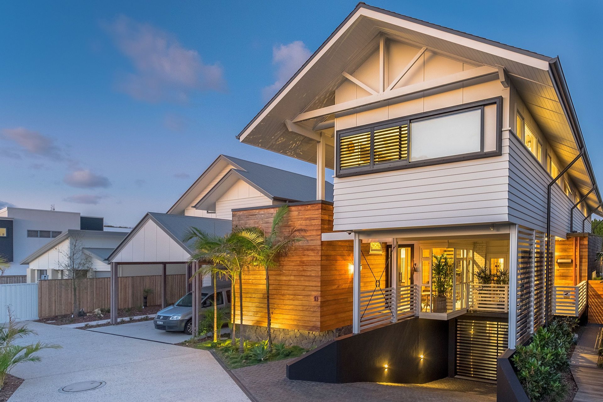  The front of Luke and Amanda's beach house proudly showcases its Hampton-style inspiration right at the entrance. Photography: Andy Macpherson Studio.