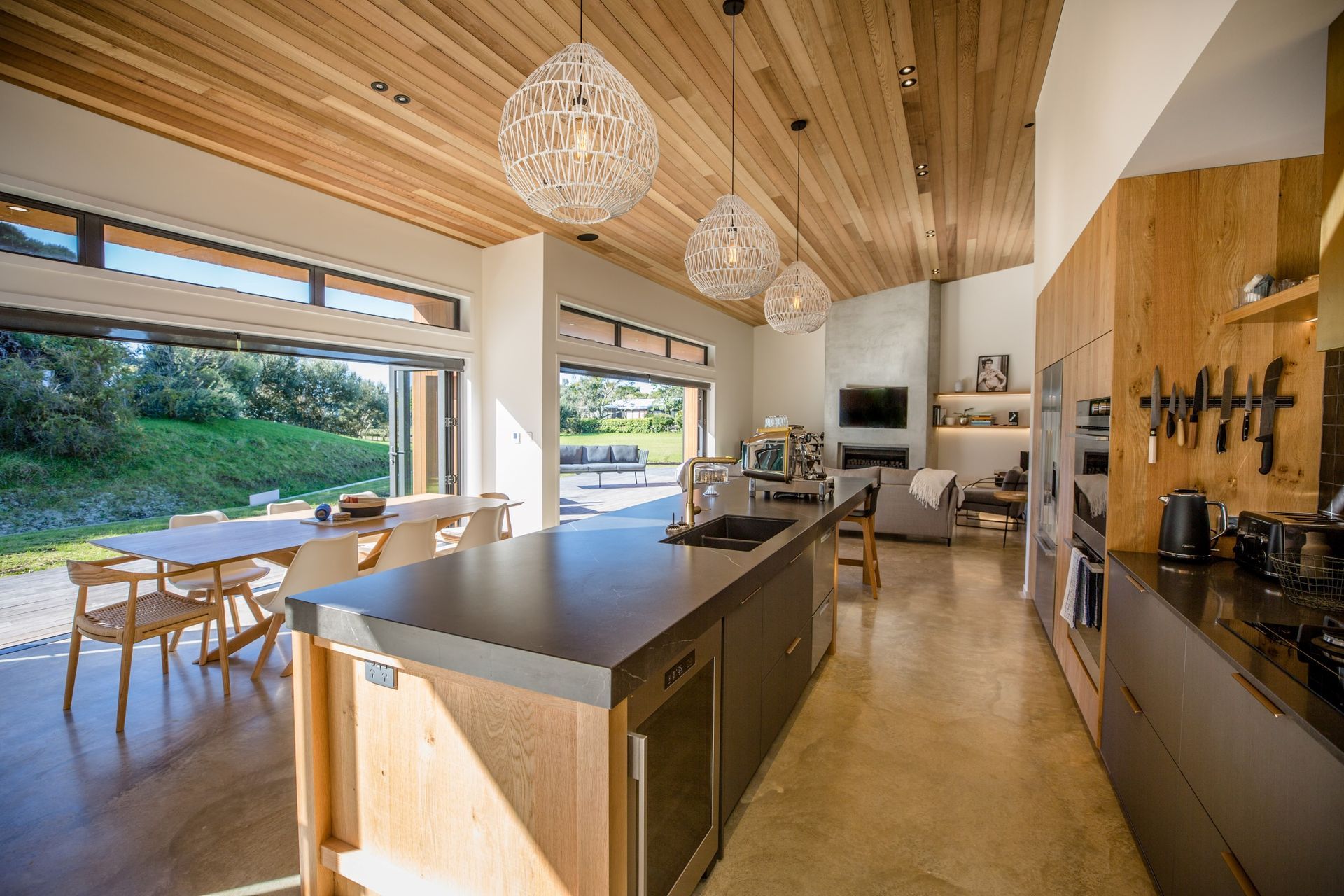 The use of cedar continues inside the home for a cohesive, warm look.
