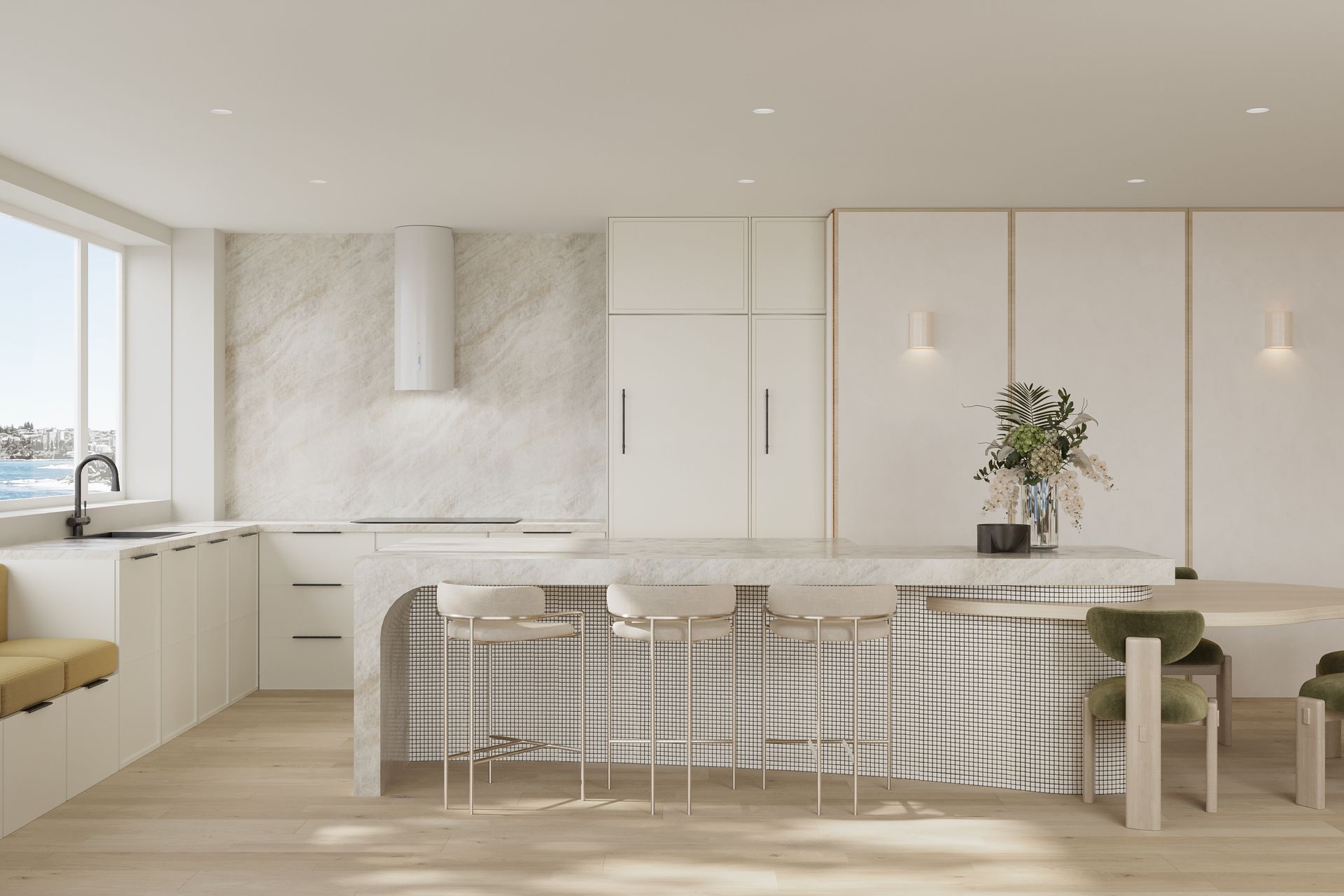 Curves and neutrals combine in the beachside apartment.