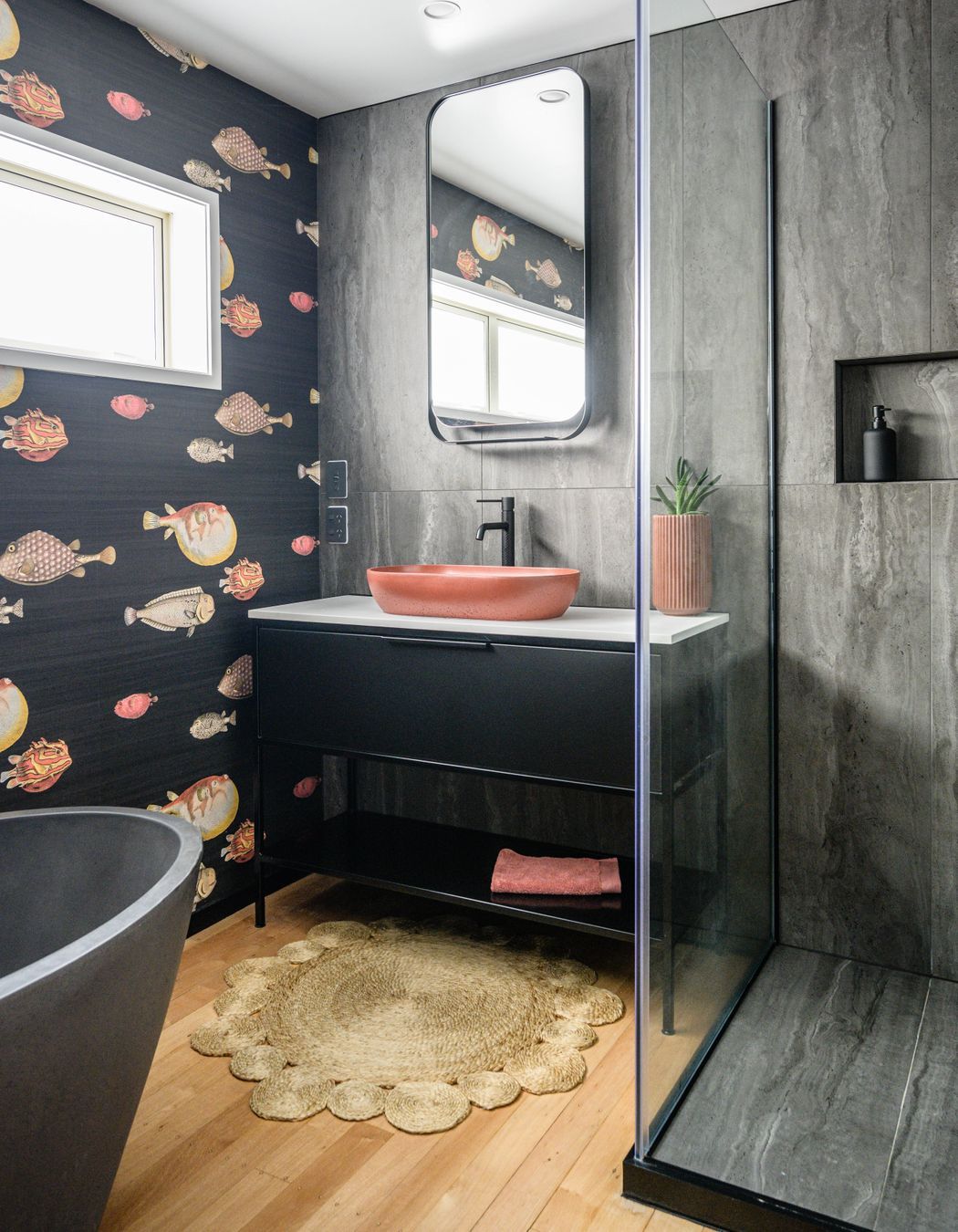 The basin is Concrete Nation Arc in Clay from Plumbline and the tapware is Greens. “It's a New Zealand brand. It's going to be hardy for the kids,” says Sally Lines of Urban Lounge Interiors. Image Jay Drew