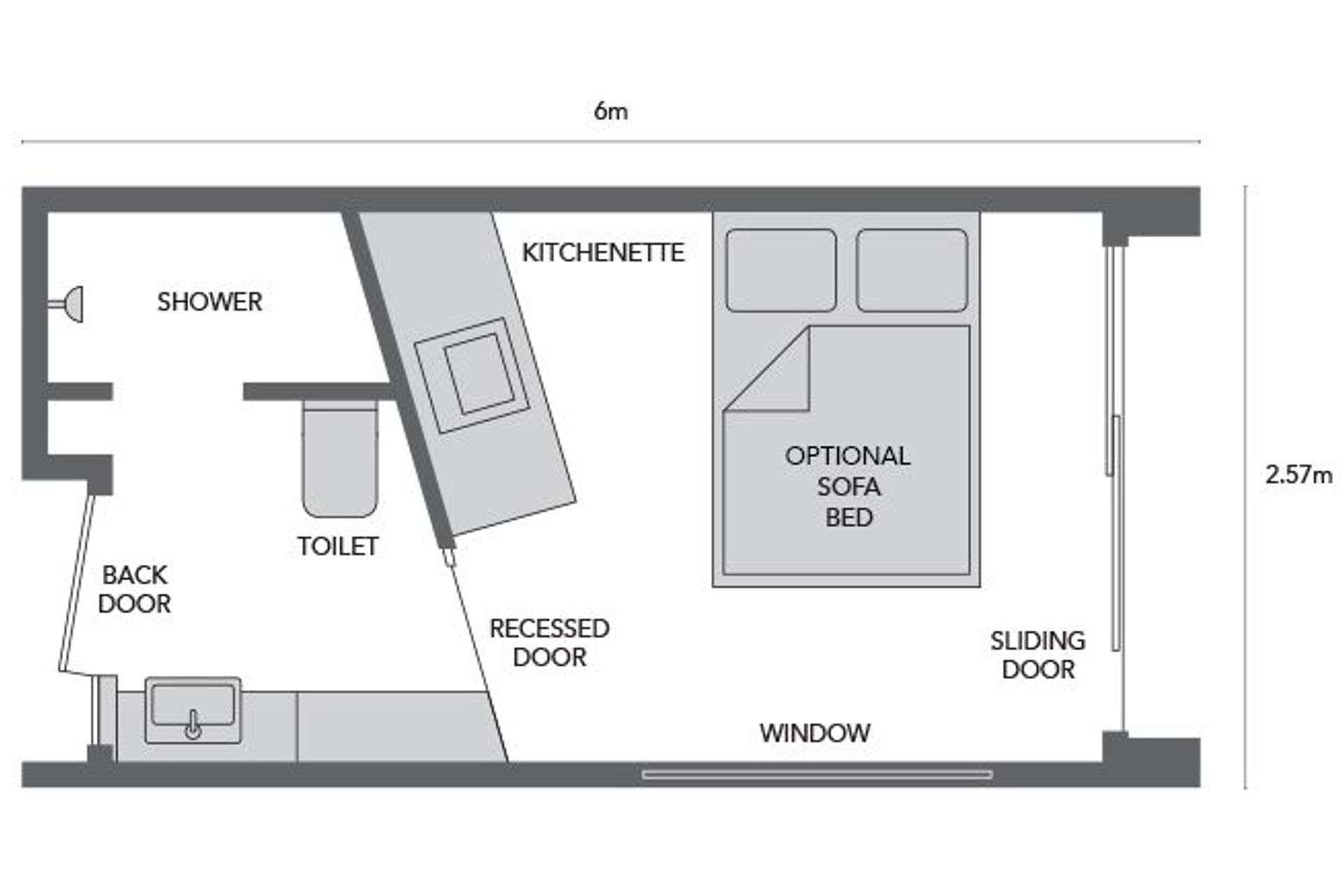 The floorplan for the Nook Tiny Home shows a footprint of just 18 square metres