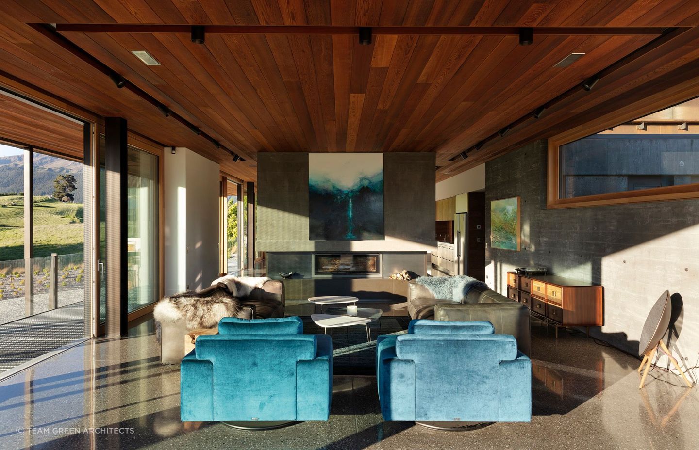 Highly insulated walls and a heat exchange ventilation system ensure this interior is as cosy as it looks.