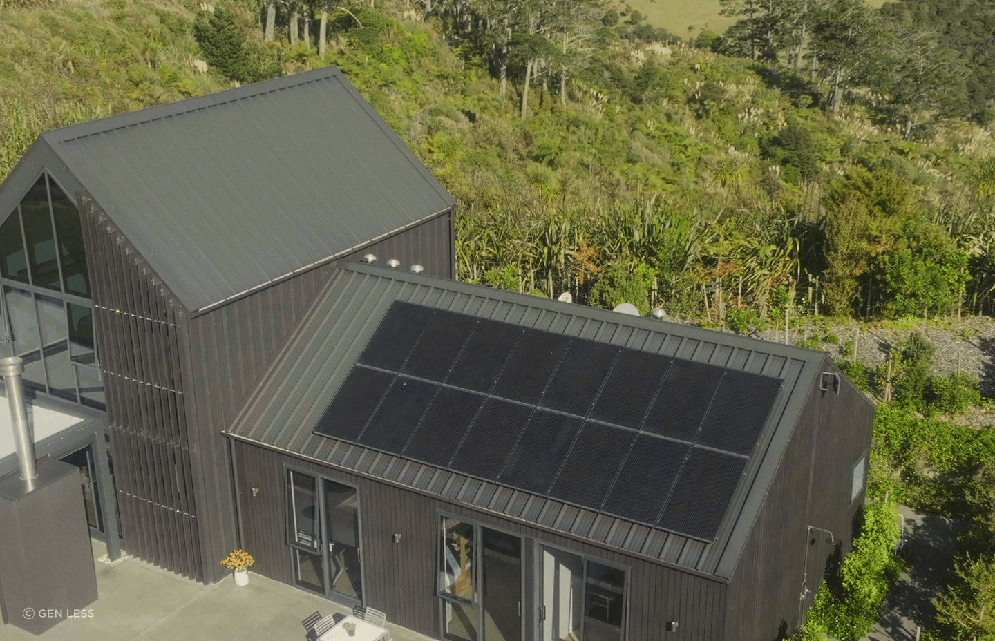 The gabled roof provides the pitch required for optimal solar performance.