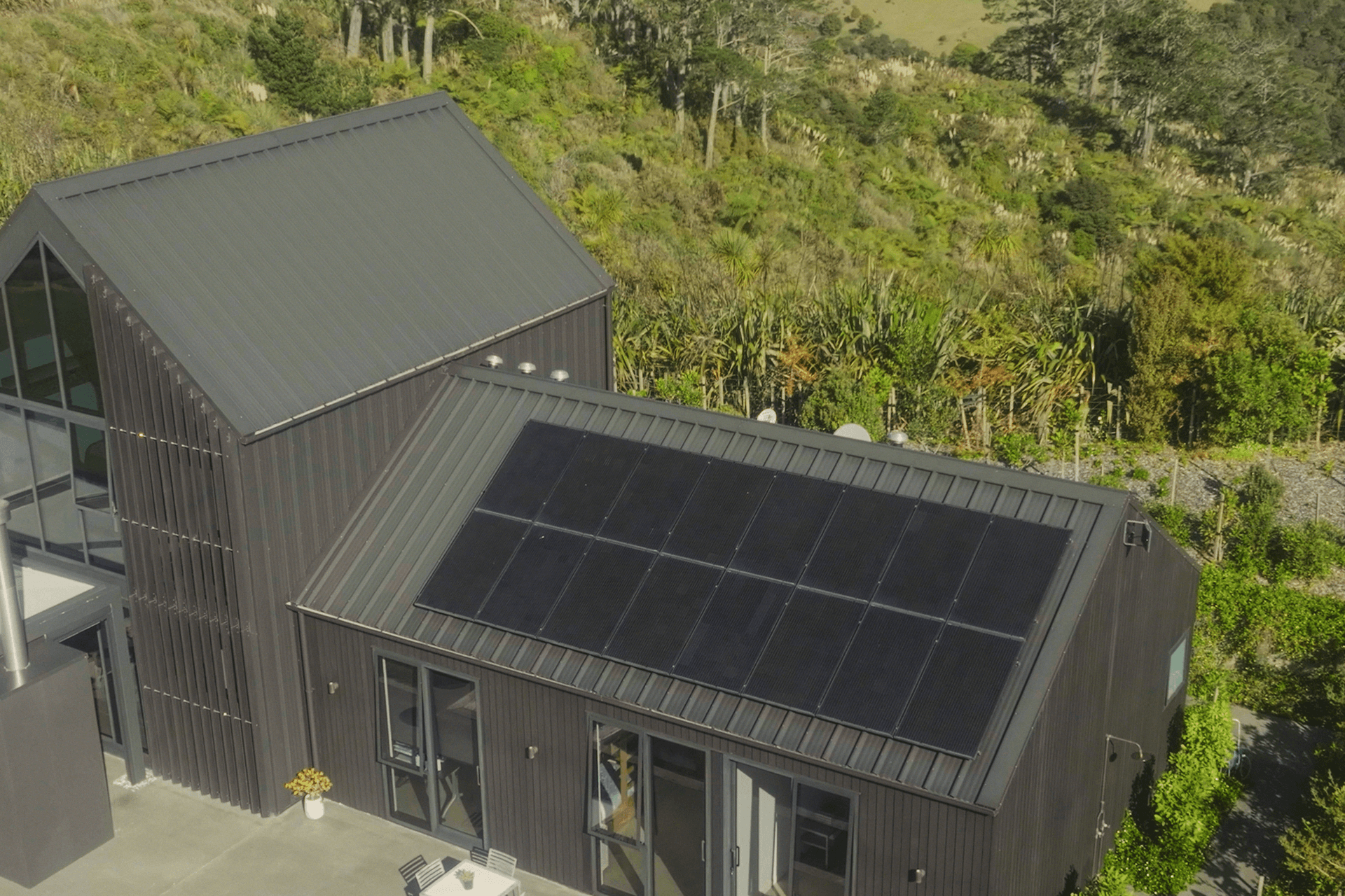 The gabled roof provides the pitch required for optimal solar performance.