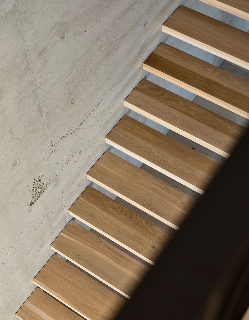 Elegant timber treads contrast against the tactile concrete wall.