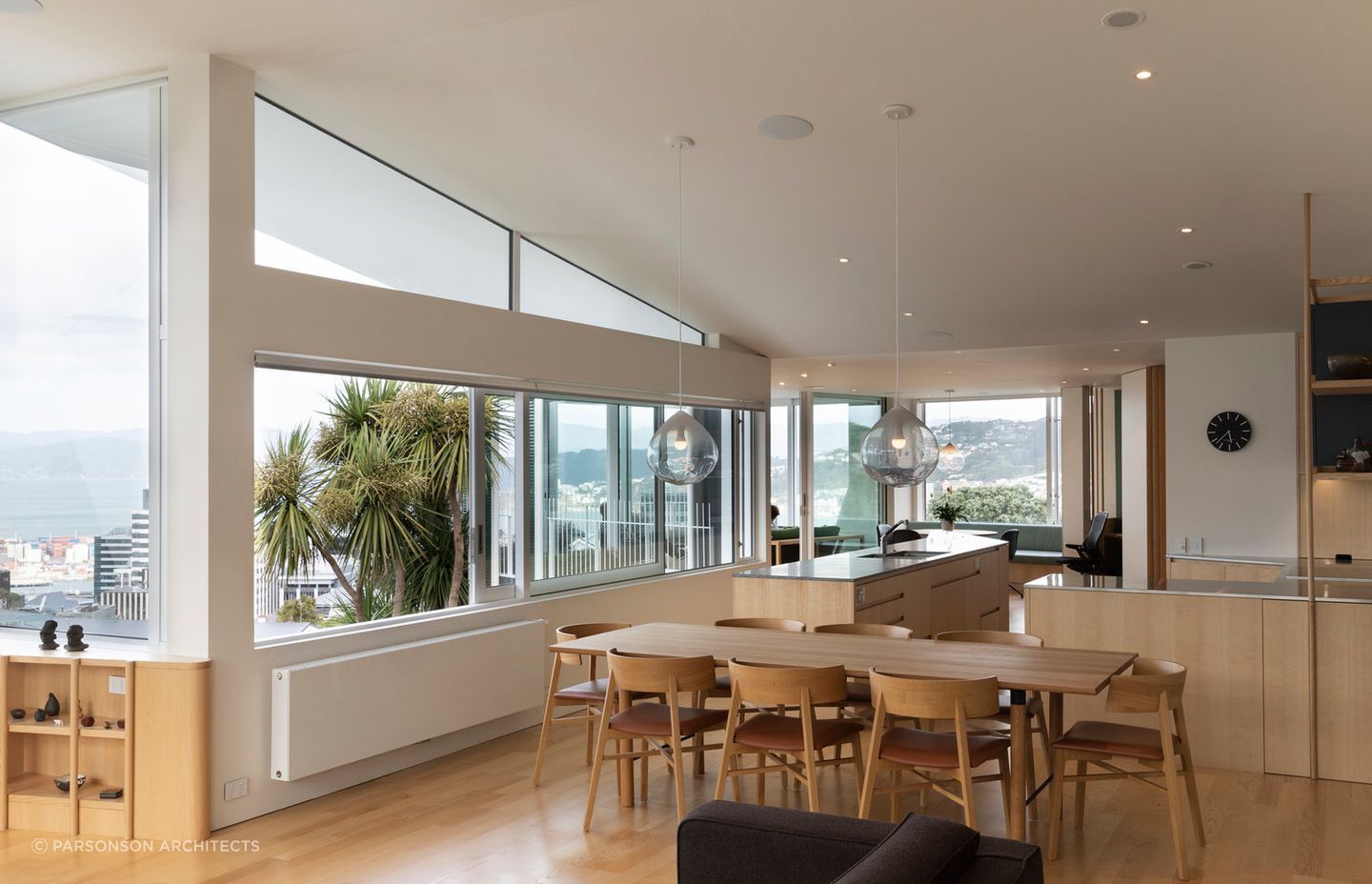 A light-filled and sustainable living interior with outstanding views across Wellington. Photography: David Straight