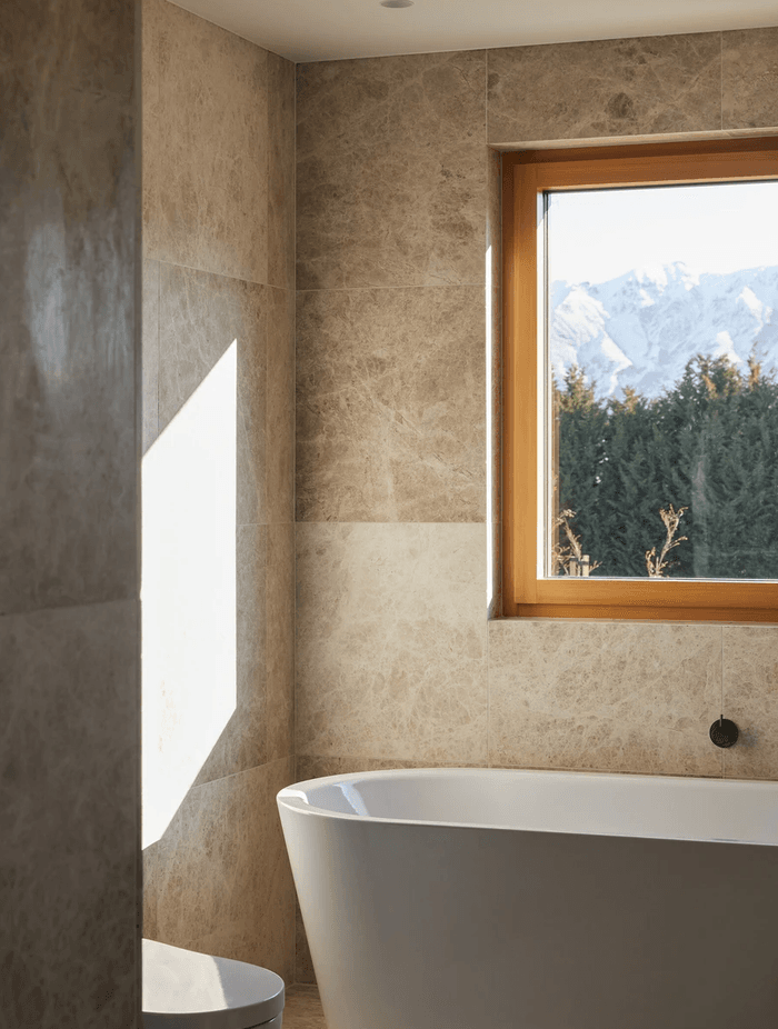 Marble stone tiles meet aged iron tapware in the bathroom.