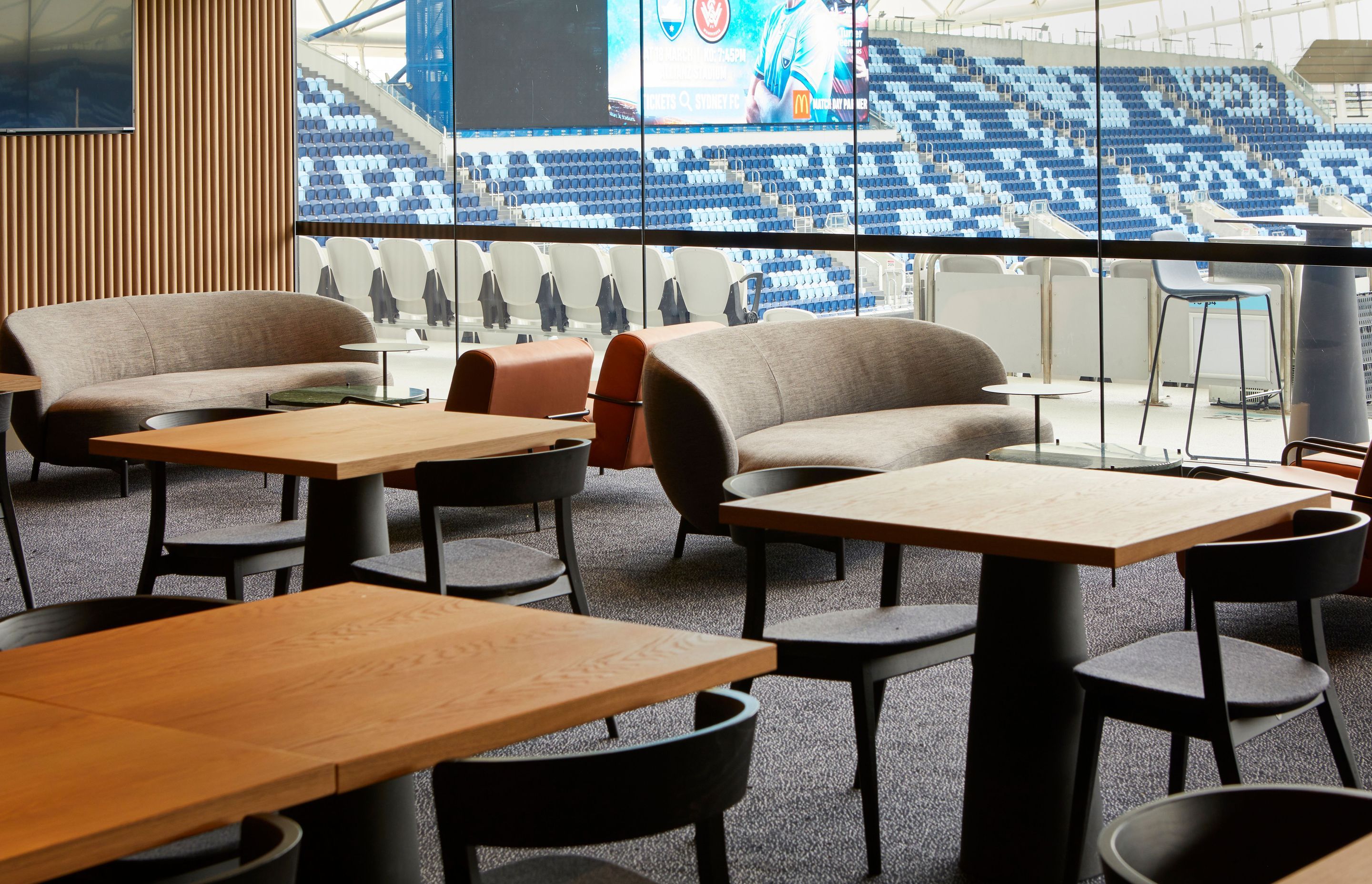 The Hirer’s Dining Room on the eastern wing has incredible views of the playing field – the fit-out designed to cater to numerous events.