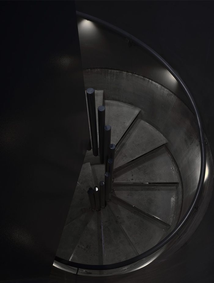 The tower’s spiral staircase, protected by the circular precast concrete.