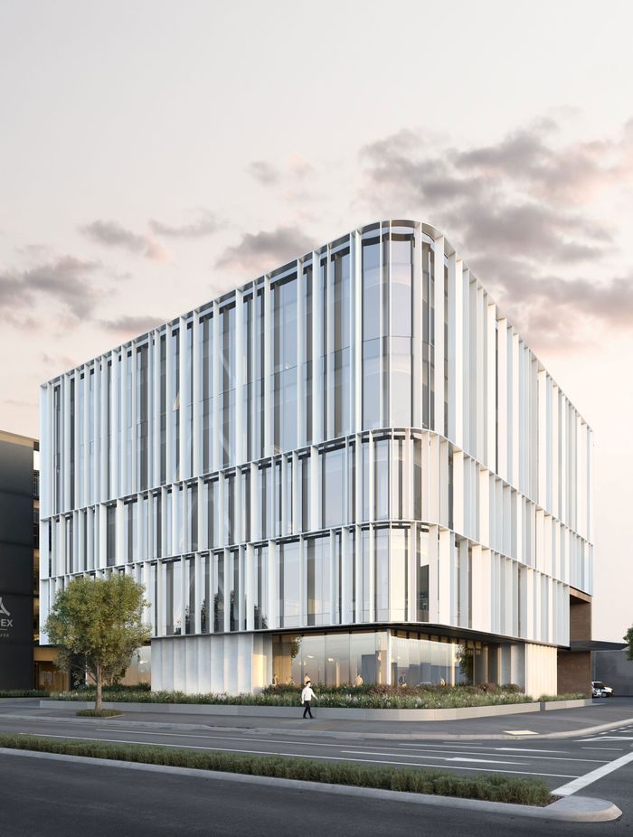 Rabobank Centre, the first building to be completed in the Union Square development. “Five commercial buildings and a car parking structure will form the overall development, which is half a city block on the south side of Hamilton,” says Sam Thomas of Chow:Hill Architects.
