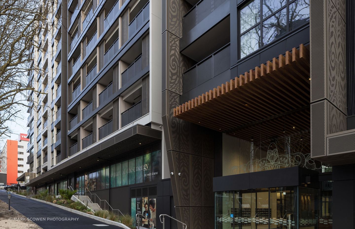 One of the two entrance / lobby spaces into Te Mātāwai provides a warm and welcoming entry for residents.