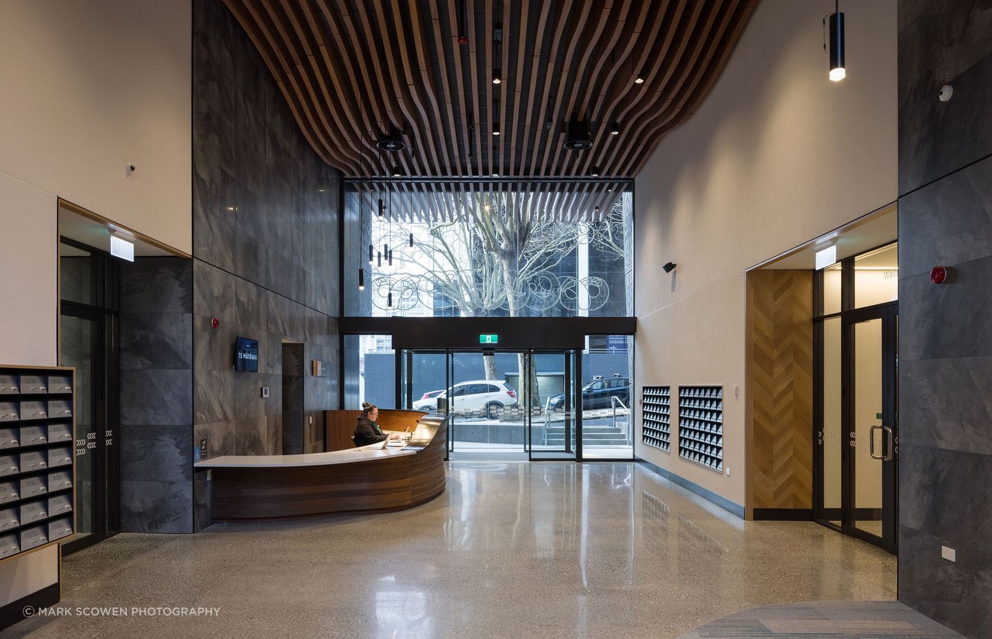 The lobby space for Wainui and Waiora - the heart of Te Mātāwai.