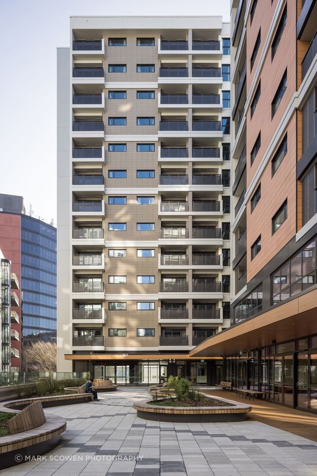 The northern courtyard at Te Mātāwai accessed from the lobby for Wainui and Waiora and designed to include gifted narrative and Tukutuku artwork.