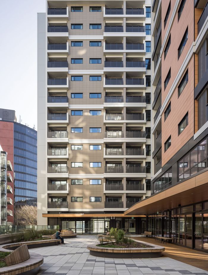 The northern courtyard at Te Mātāwai accessed from the lobby for Wainui and Waiora and designed to include gifted narrative and Tukutuku artwork.