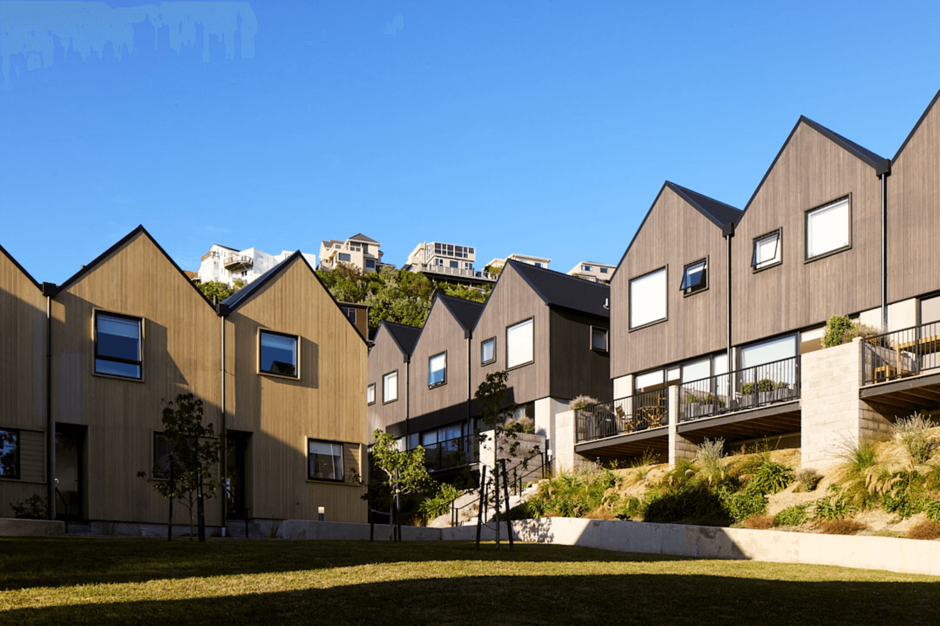 Contrasting timber and plaster exterior gives each building type its own identity.