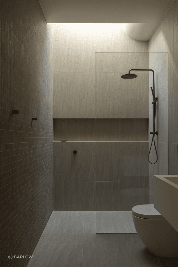 Light is welcomed in from above with the curved ceiling a reference to other parts of the home.