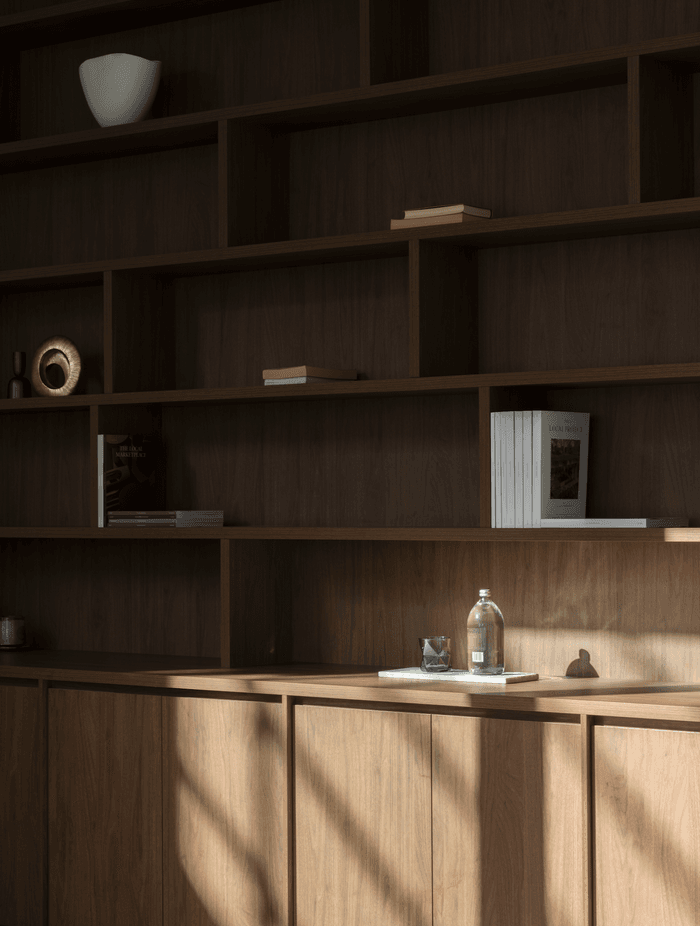 The same dark timber as the kitchen cabinetry has been selected for the study.