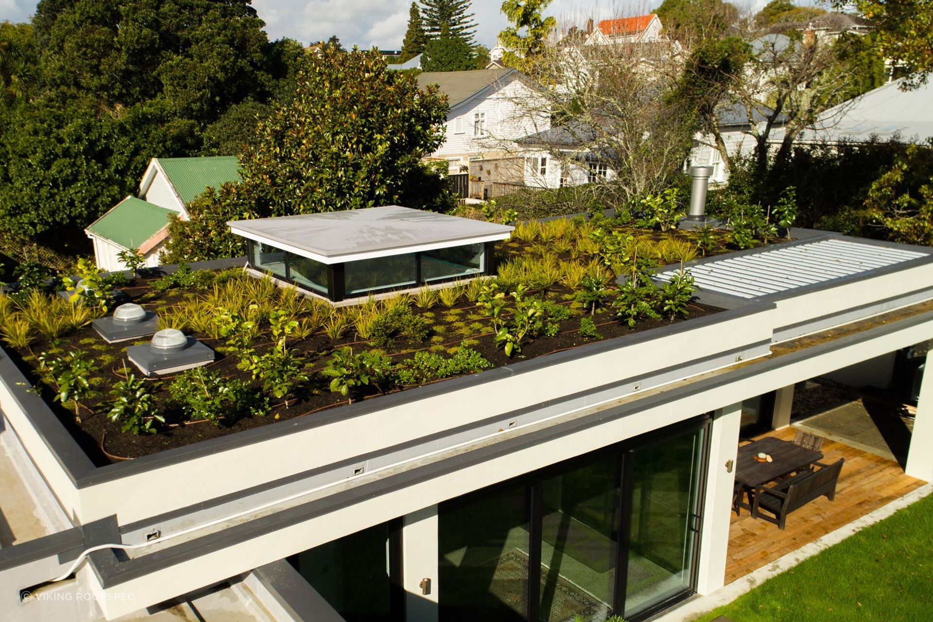 A green roof, like this one from Viking Roofspec, can add colour and life to an otherwise plain part of the home.