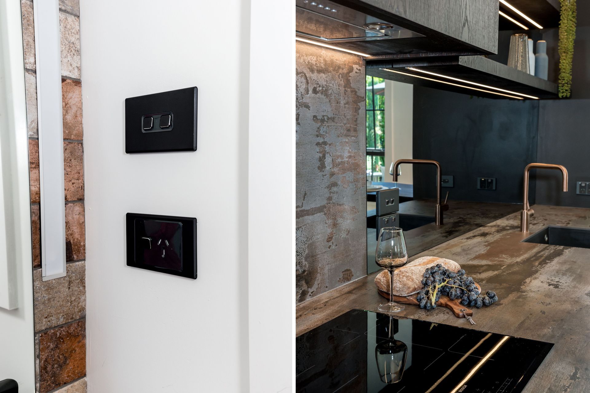 PDL Iconic Styl in Silver Shadow complements the moody colour scheme and reflective surfaces throughout the apartment.