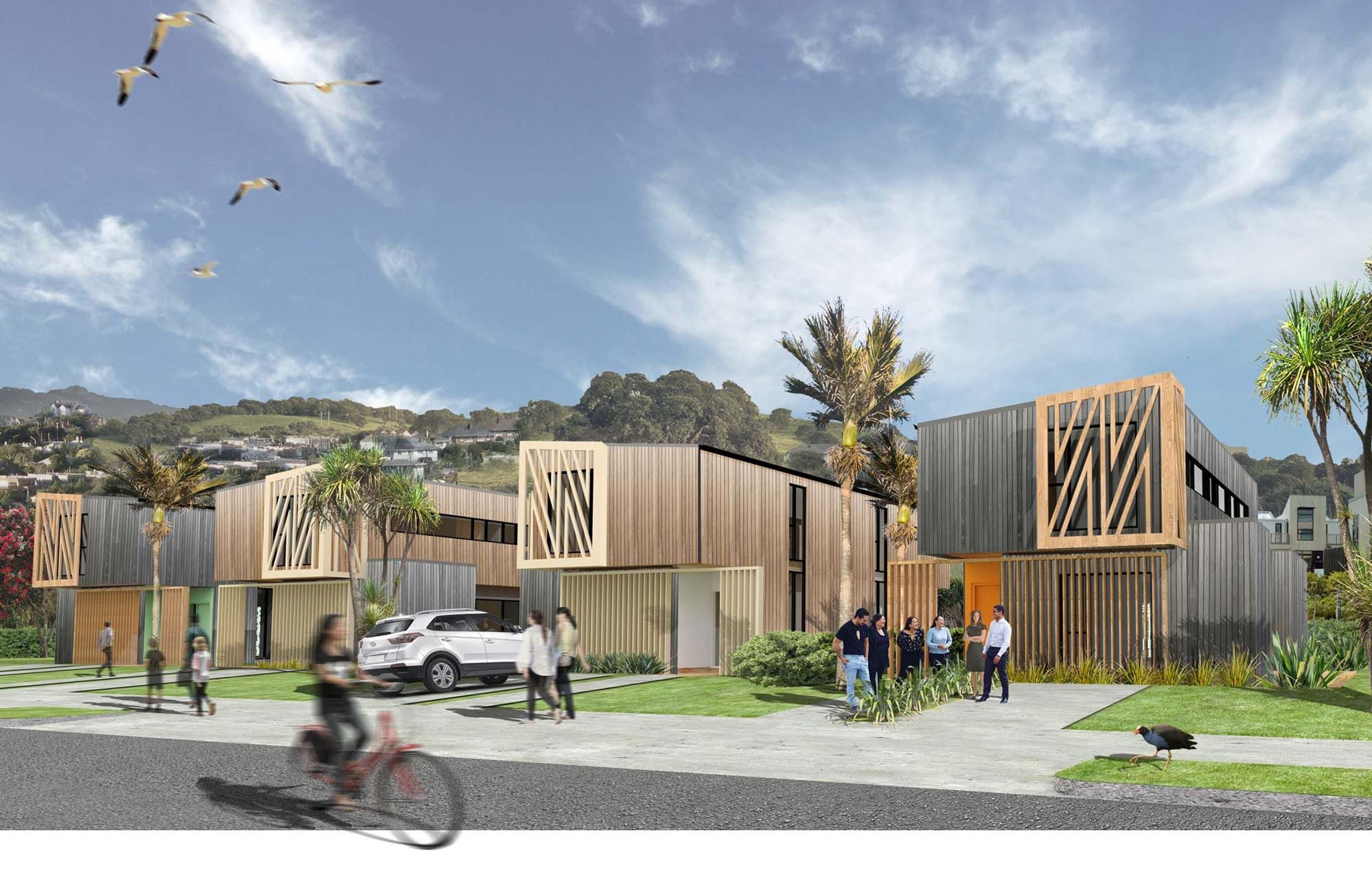 TOA's concept for MMH – Māori modular house, seen in the very top image (in a South Island location) and above, as terraced housing.