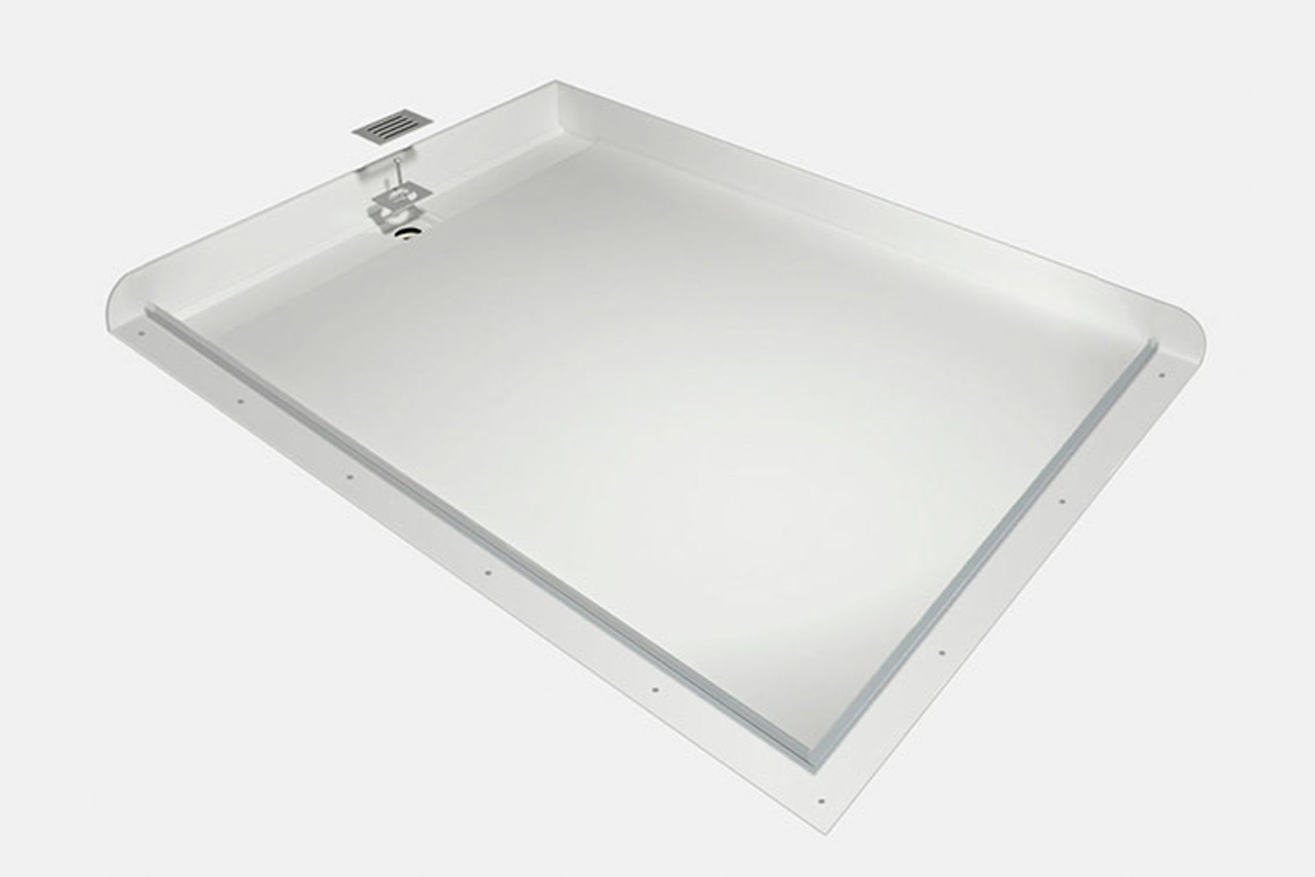 The Atlantis shower tray - featuring a solid and already waterproof construction, integrated waterproofing flanges, factory-fitted glazing channels and discreet channel drain.
