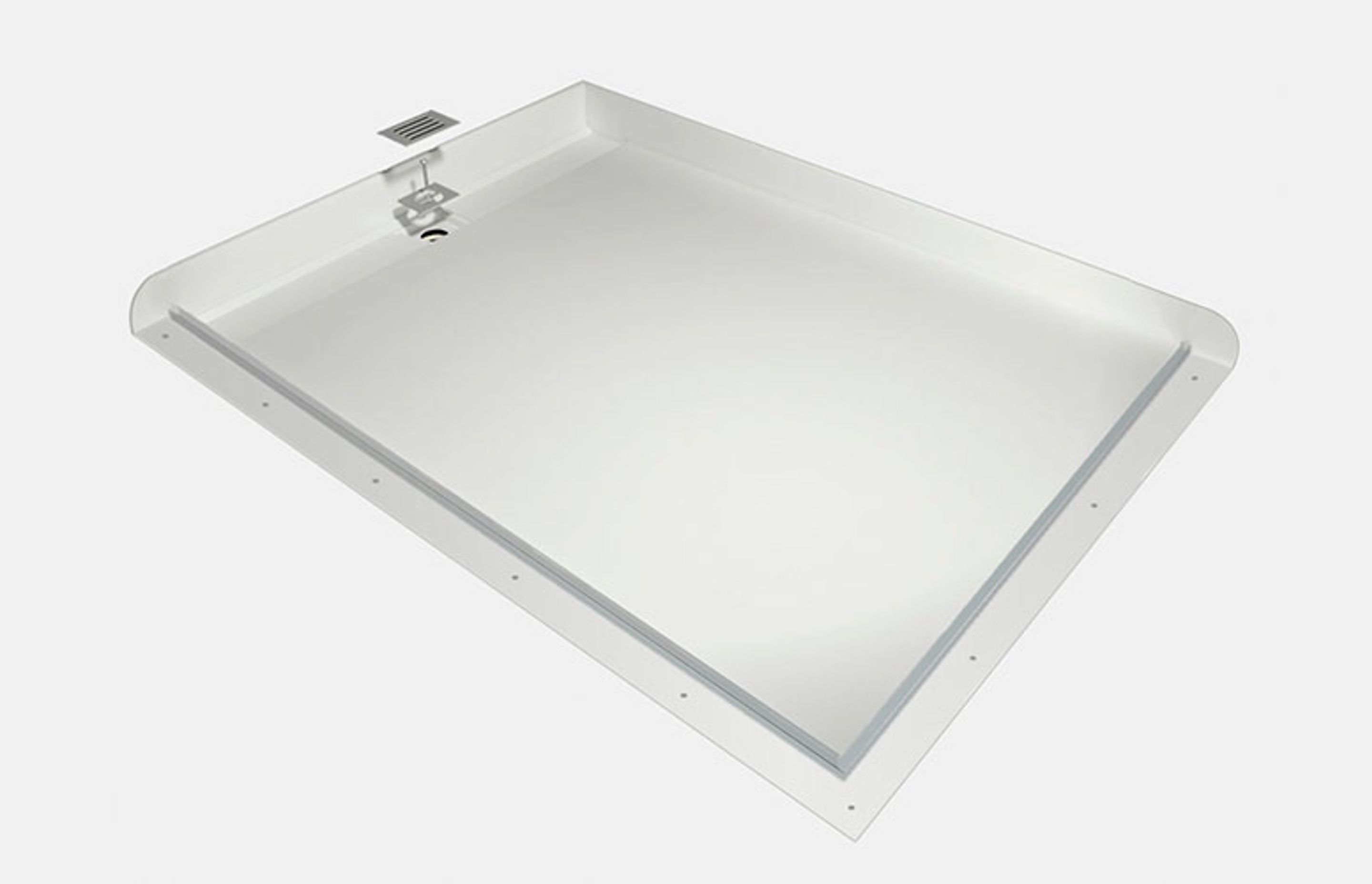 The Atlantis shower tray - featuring a solid and already waterproof construction, integrated waterproofing flanges, factory-fitted glazing channels and discreet channel drain.