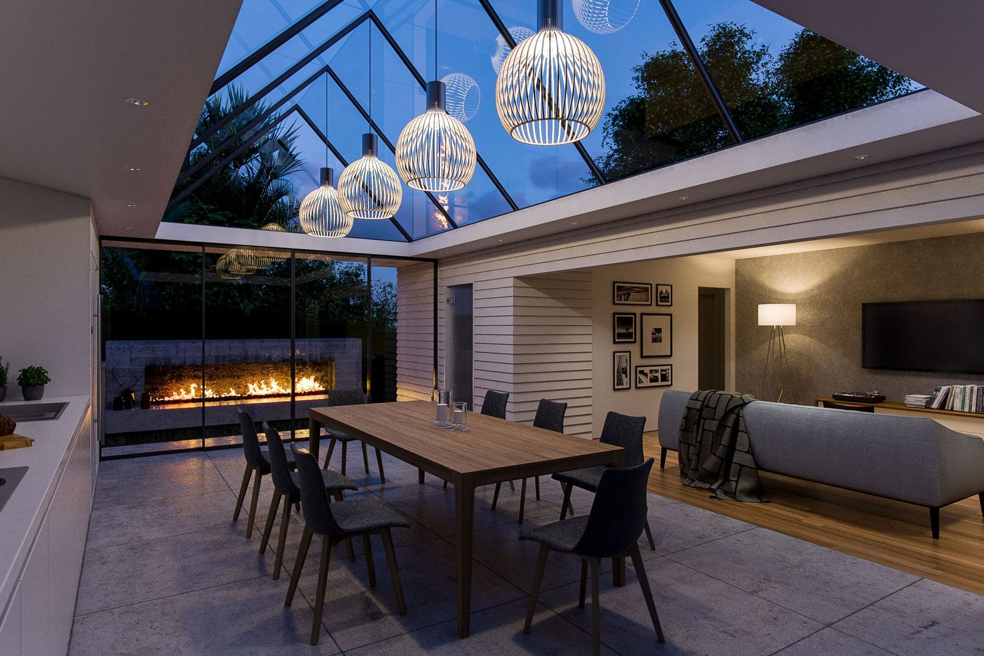 An excellent example of multiple pendant lights over a dining table at the House of Thresholds by Architecturepublic.