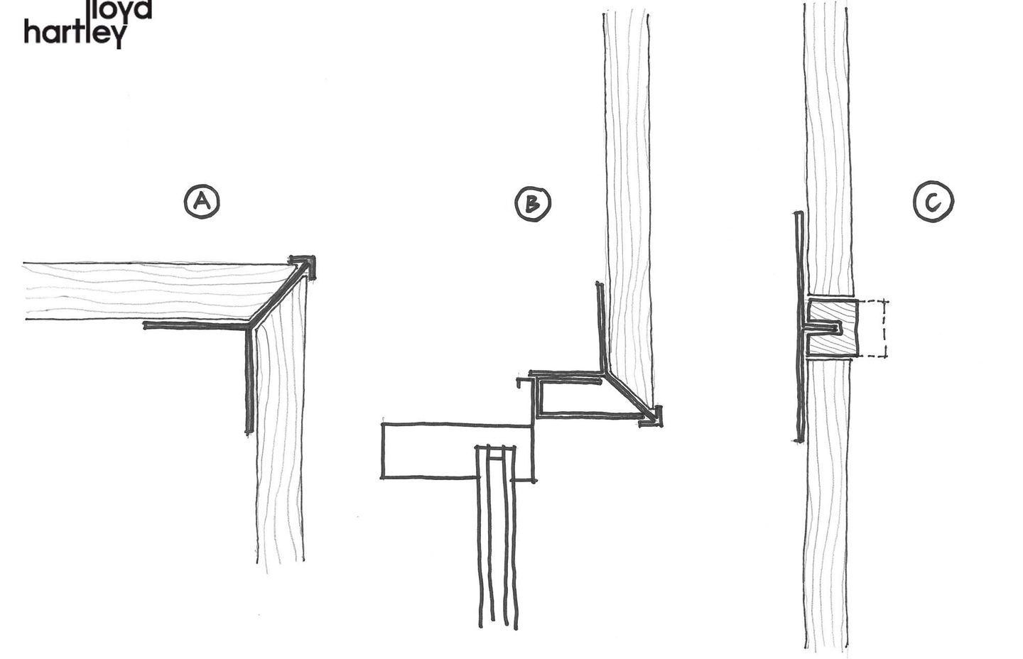 Lloyd Hartley's detail sketches of vertical shiplap cedar weatherboards shows the transition from weatherboard to weatherboard and relates to the sketch below.