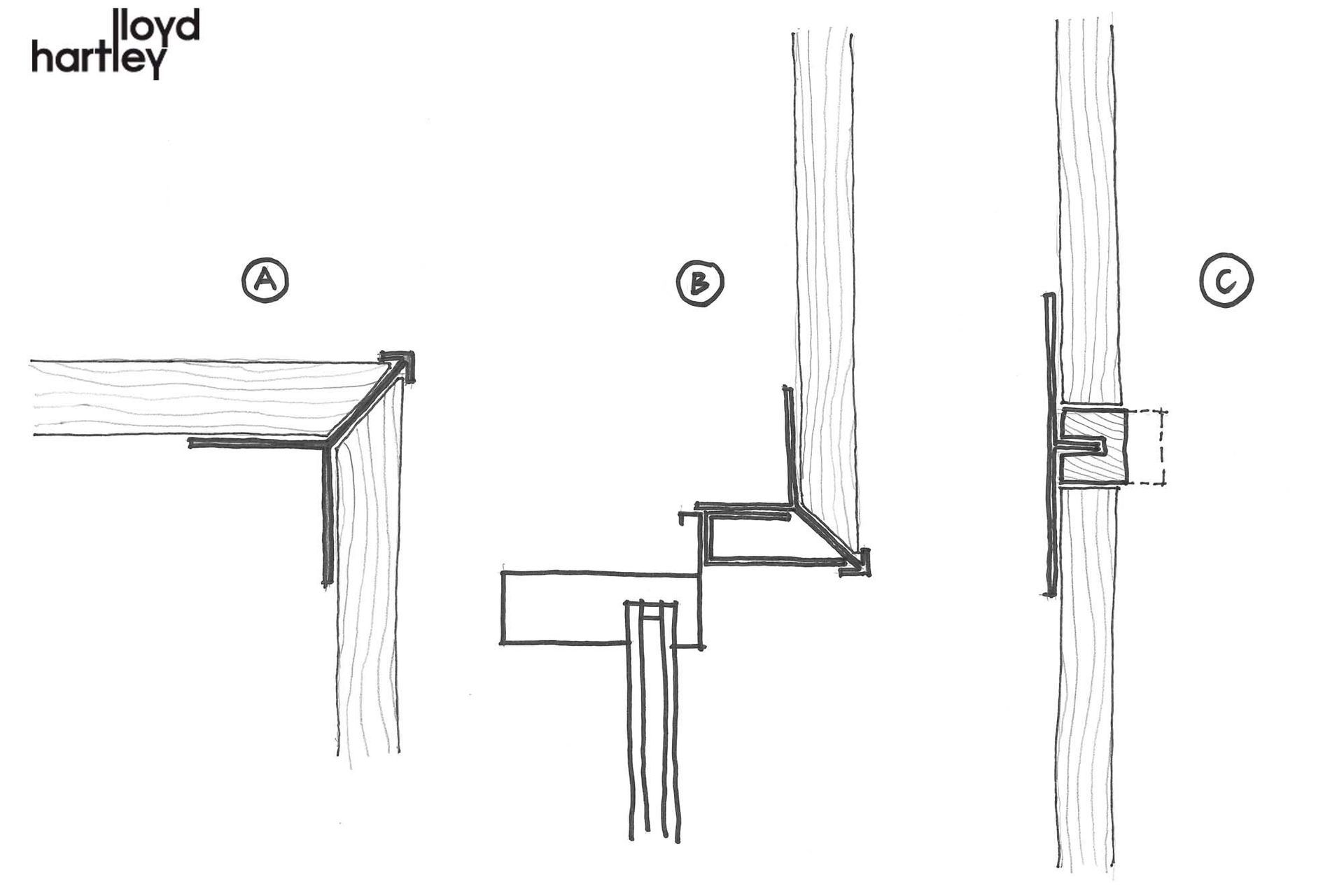 Lloyd Hartley's detail sketches of vertical shiplap cedar weatherboards shows the transition from weatherboard to weatherboard and relates to the sketch below.