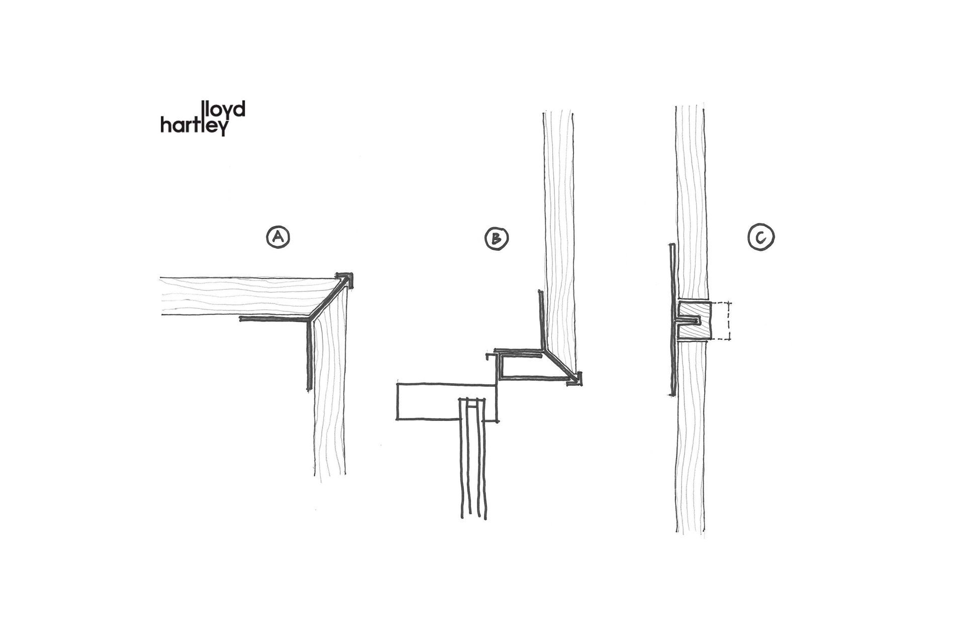 Lloyd Hartley's detail sketches of vertical shiplap cedar weatherboards shows the transition from weatherboard to weatherboard and relates to the sketch below.