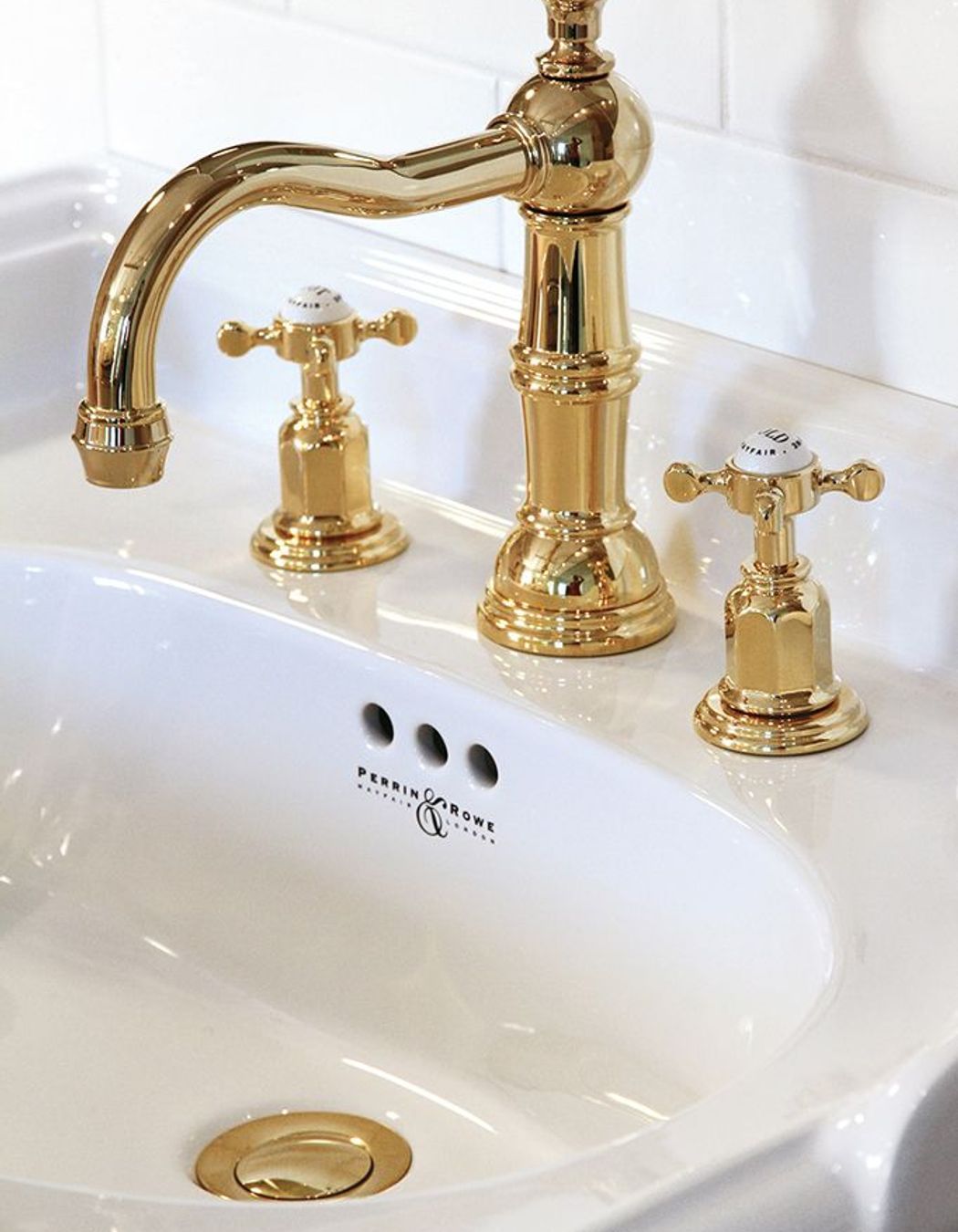 Perrin &amp; Rowe - Three hole basin set with country spout and white porcelain levers