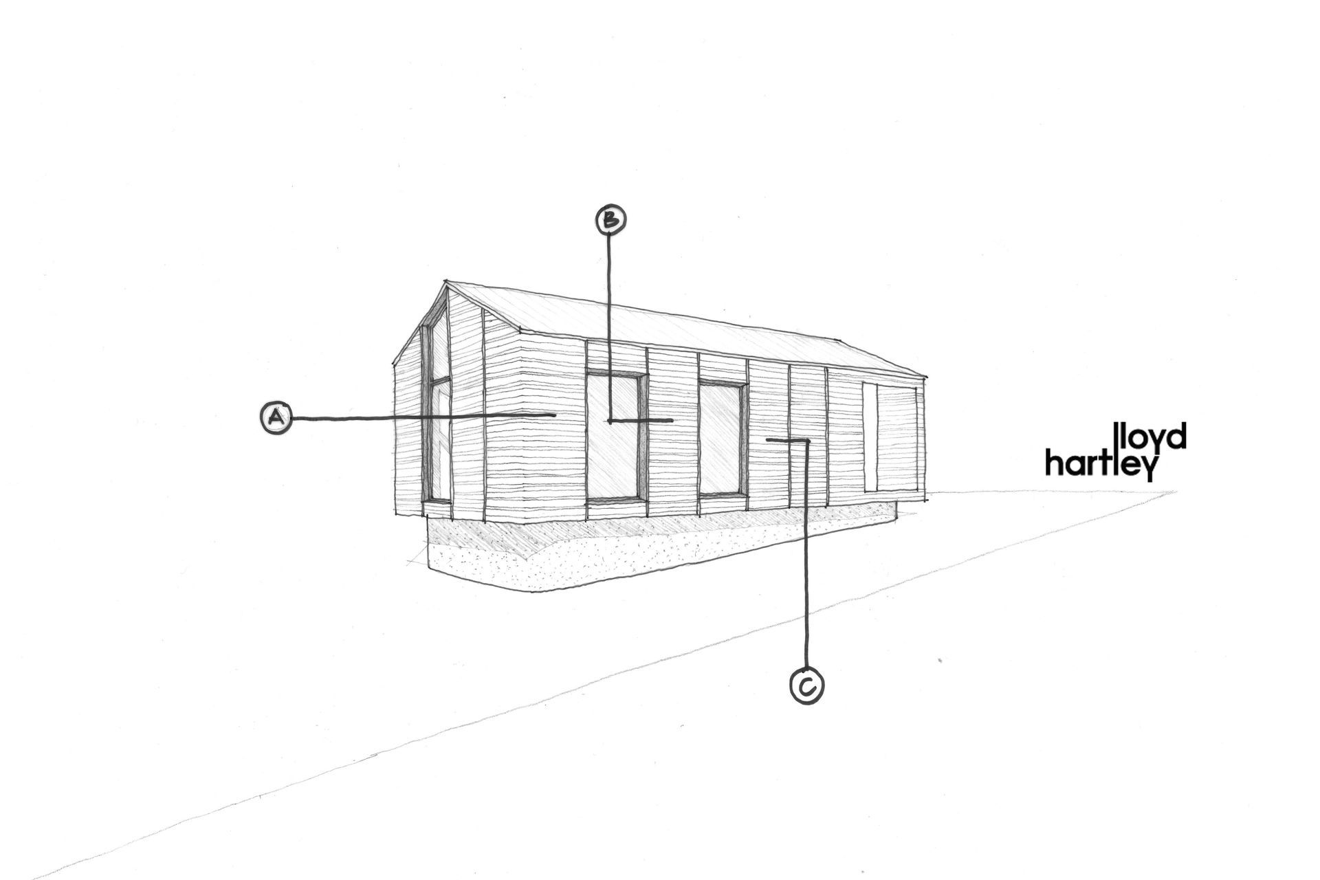 Lloyd Hartley's elevation sketch shows the transition from weatherboard to weatherboard. The A, B and C relate to the detail sketch above.